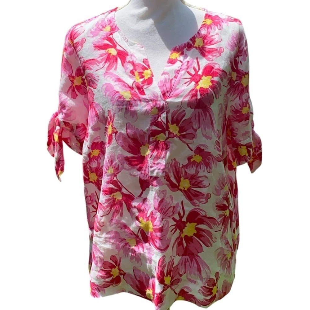 CHARTER CLUB 100% Linen Tropical Floral Pattern Tie Sleeve Blouse SZ LG - Picture 2 of 11